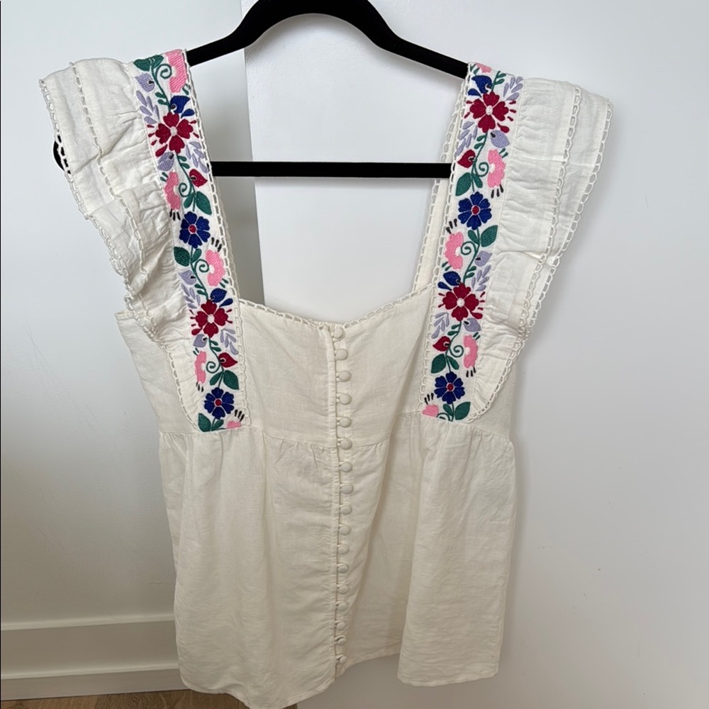 Sezane Embroidered White Sleeveless Top